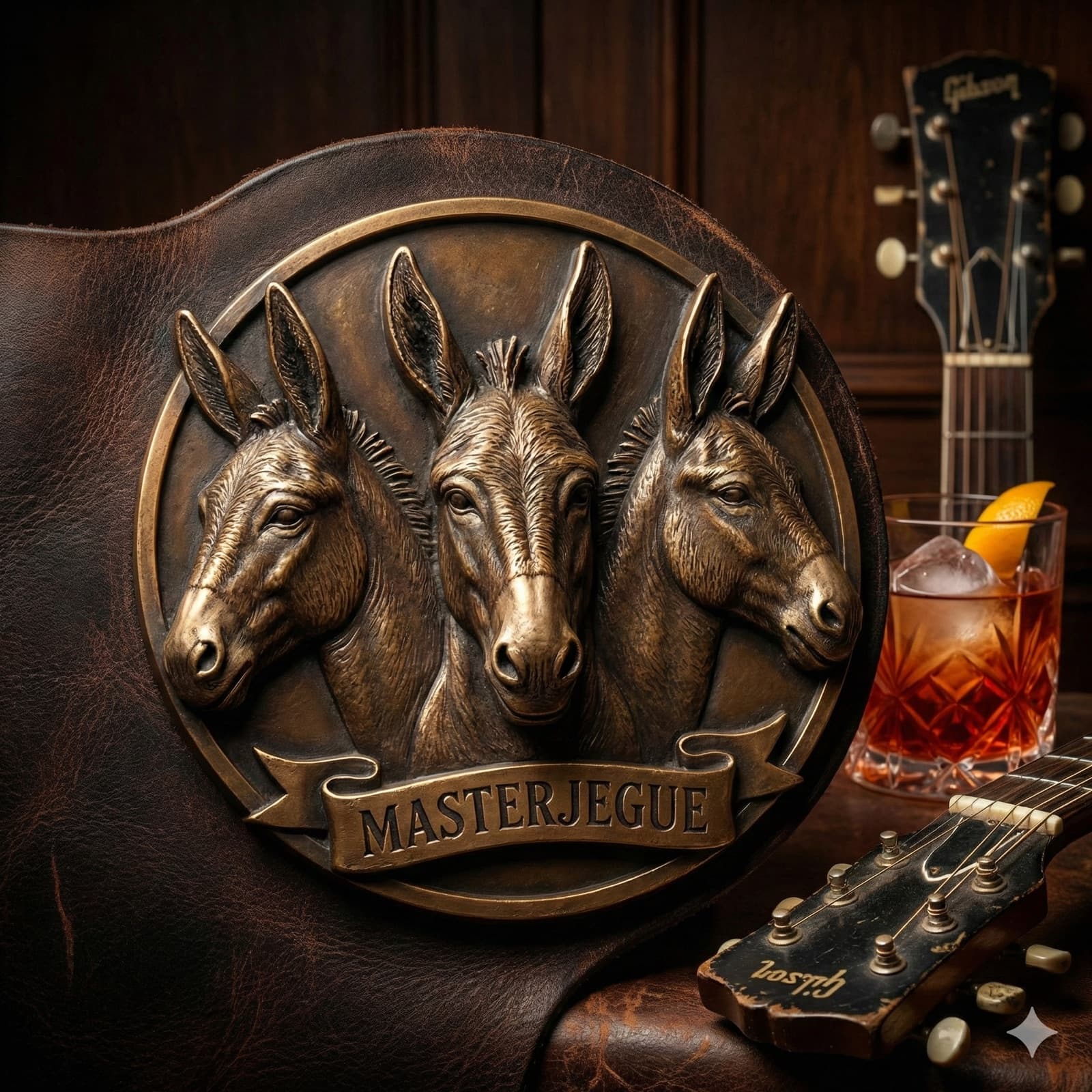 Selo MasterJegue em ambiente de bar, com violão e coquetel Negroni