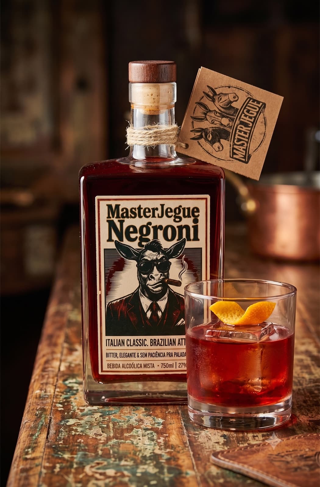 Garrafa MasterJegue Negroni com drink servido