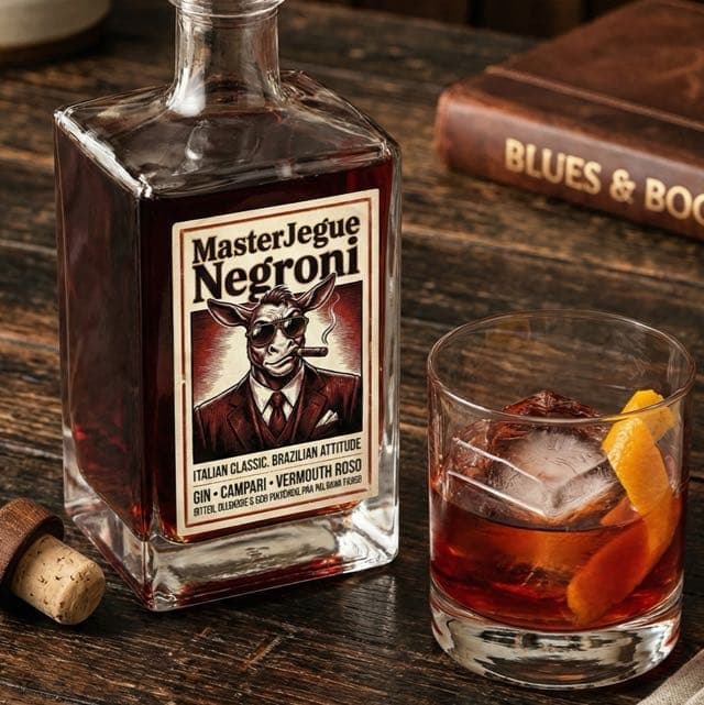 MasterJegue Negroni servido em copo baixo com gelo translúcido
